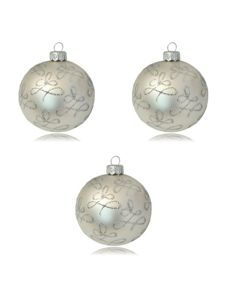 Bombki 8cm/3szt mix dekor szklane choinkowe zestaw białe perłowe brokat