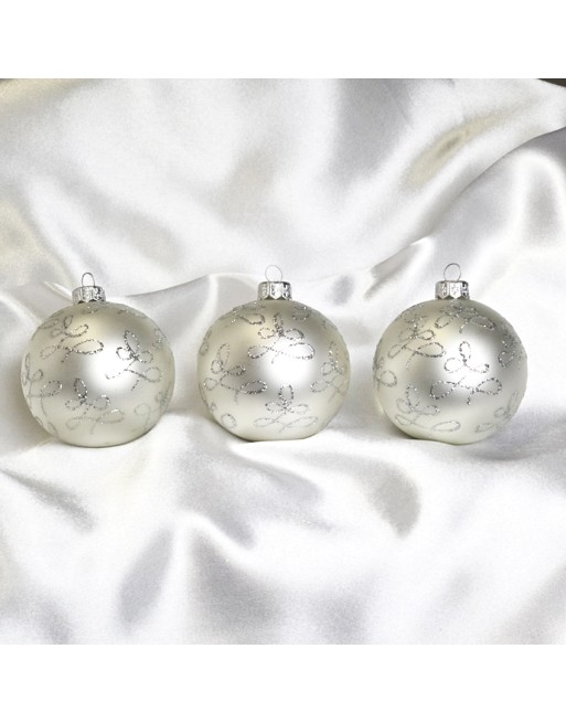 Bombki 8cm/3szt mix dekor szklane choinkowe zestaw białe perłowe brokat