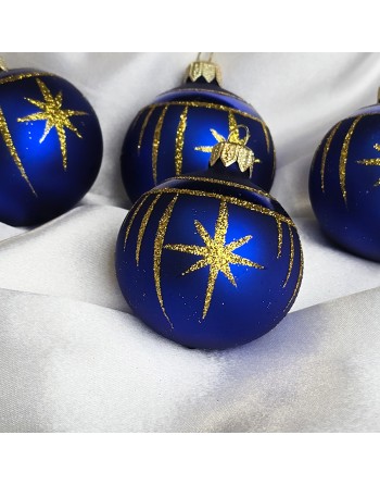 Bombki 6cm/4szt dekor graficzny szklane choinkowe niebieski mat Gwiazdki
