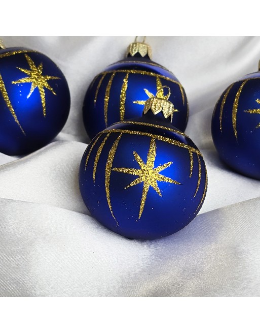 Bombki 6cm/4szt dekor graficzny szklane choinkowe niebieski mat Gwiazdki