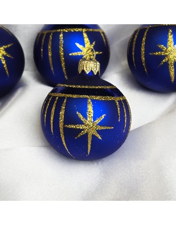 Bombki 6cm/4szt dekor graficzny szklane choinkowe niebieski mat Gwiazdki