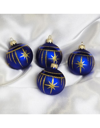 Bombki 6cm/4szt dekor graficzny szklane choinkowe niebieski mat Gwiazdki