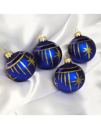 Bombki 6cm/4szt dekor graficzny szklane choinkowe niebieski mat Gwiazdki