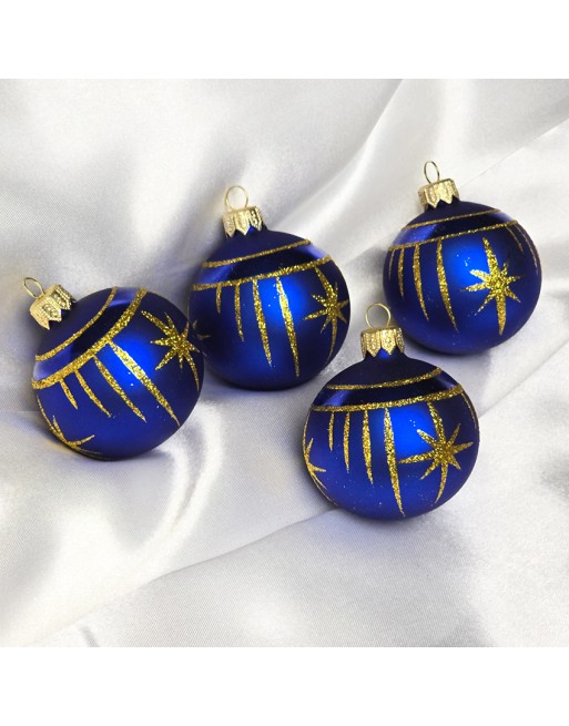 Bombki 6cm/4szt dekor graficzny szklane choinkowe niebieski mat Gwiazdki