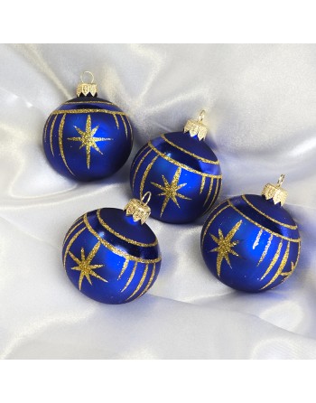 Bombki 6cm/4szt dekor graficzny szklane choinkowe niebieski mat Gwiazdki