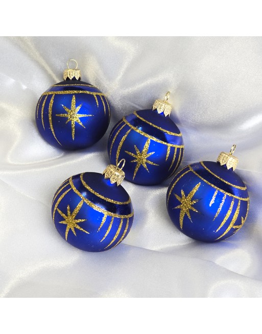 Bombki 6cm/4szt dekor graficzny szklane choinkowe niebieski mat Gwiazdki