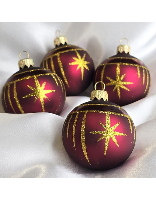 Bombki 6cm/4szt dekor graficzny szklane choinkowe burgund mat Gwiazdki