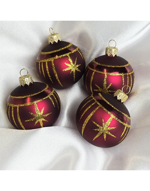 Bombki 6cm/4szt dekor graficzny szklane choinkowe burgund mat Gwiazdki