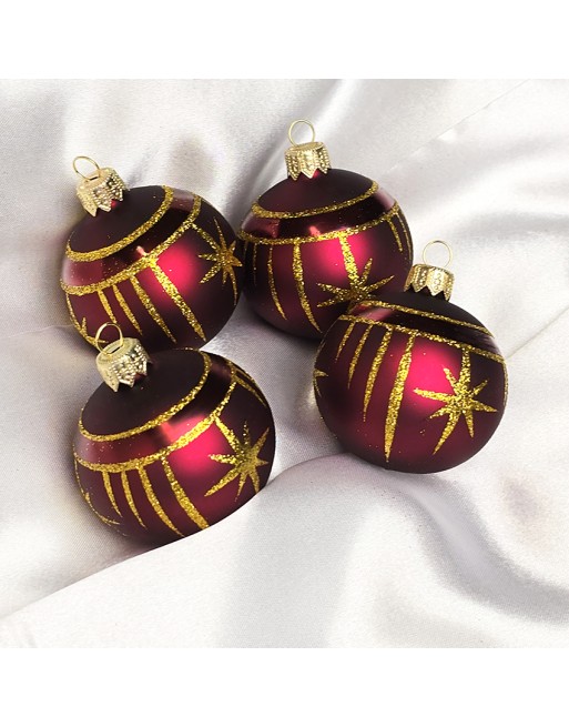 Bombki 6cm/4szt dekor graficzny szklane choinkowe burgund mat Gwiazdki
