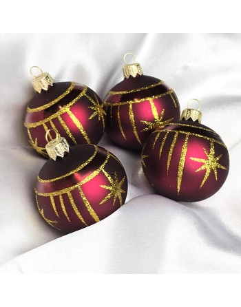Bombki 6cm/4szt dekor graficzny szklane choinkowe burgund mat Gwiazdki