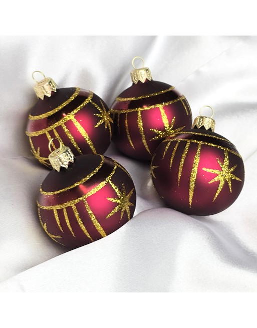 Bombki 6cm/4szt dekor graficzny szklane choinkowe burgund mat Gwiazdki