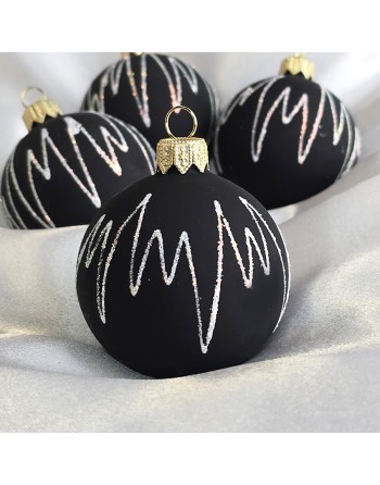 Bombki 6cm/4szt dekor graficzny szklane choinkowe czarne aksamit EKG brokat
