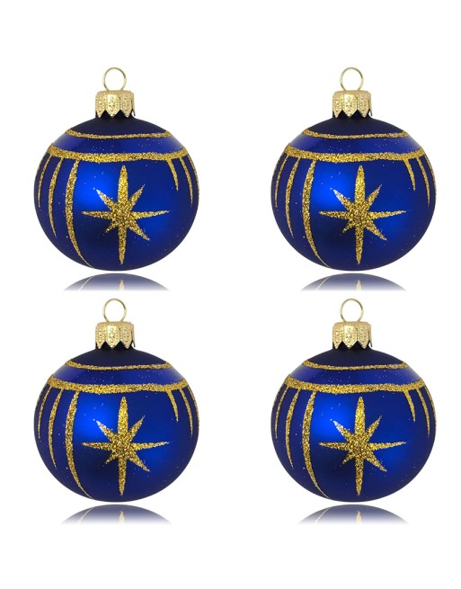 Bombki 6cm/4szt dekor graficzny szklane choinkowe niebieski mat Gwiazdki