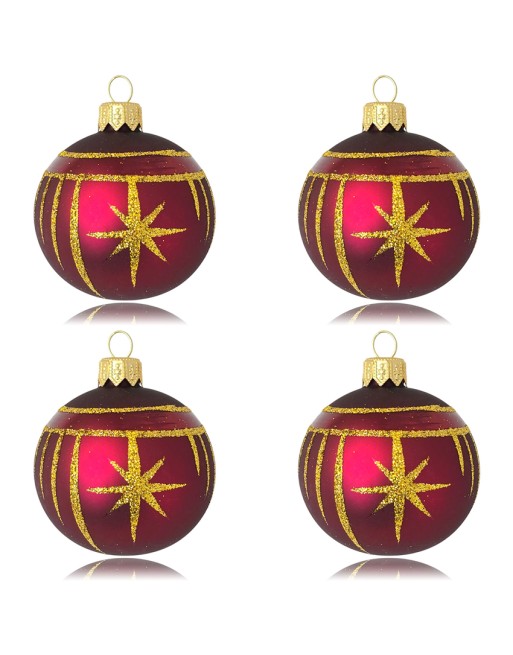 Bombki 6cm/4szt dekor graficzny szklane choinkowe burgund mat Gwiazdki