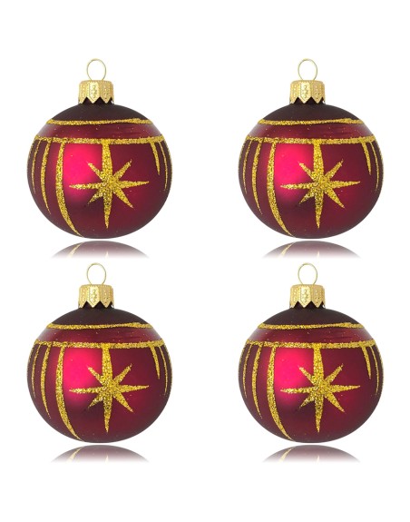 Bombki 6cm/4szt dekor graficzny szklane choinkowe burgund mat Gwiazdki