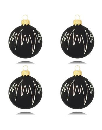 Bombki 6cm/4szt dekor graficzny szklane choinkowe czarne aksamit EKG brokat