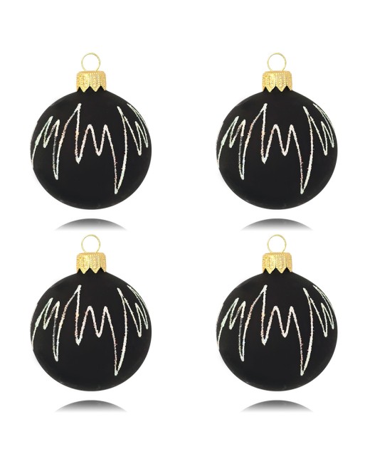 Bombki 6cm/4szt dekor graficzny szklane choinkowe czarne aksamit EKG brokat