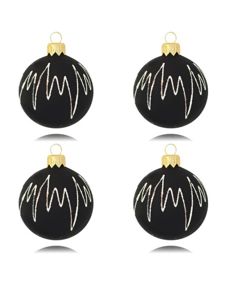 Bombki 6cm/4szt dekor graficzny szklane choinkowe czarne aksamit EKG brokat