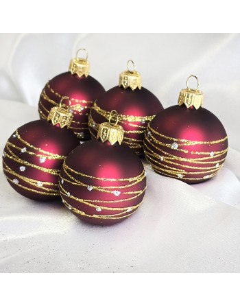 Bombki 5cm/5szt mix dekor szklane choinkowe zestaw burgund mat Nitka
