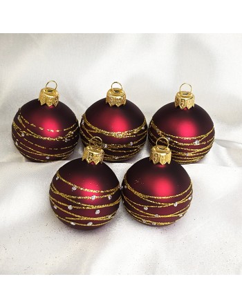 Bombki 5cm/5szt mix dekor szklane choinkowe zestaw burgund mat Nitka