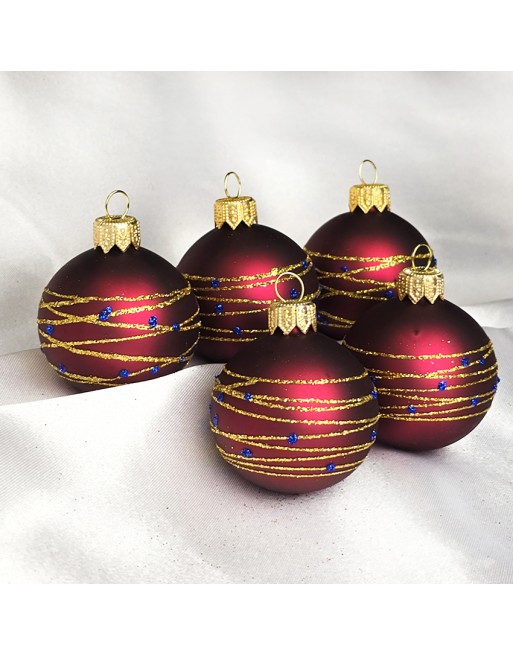 Bombki 5cm/5szt mix dekor szklane choinkowe zestaw burgund mat Nitka